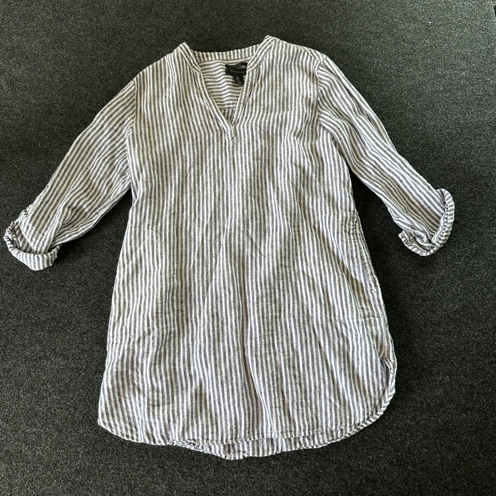 Tahari‎ Womens 100% Linen Striped Tunic Top Blue White Roll Tab Sleeve Large